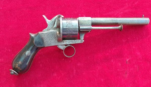 X X X SOLD X X X  11mm 6 shot pinfire revolver with  unusual ring trigger. C. 1865. Ref 3400
